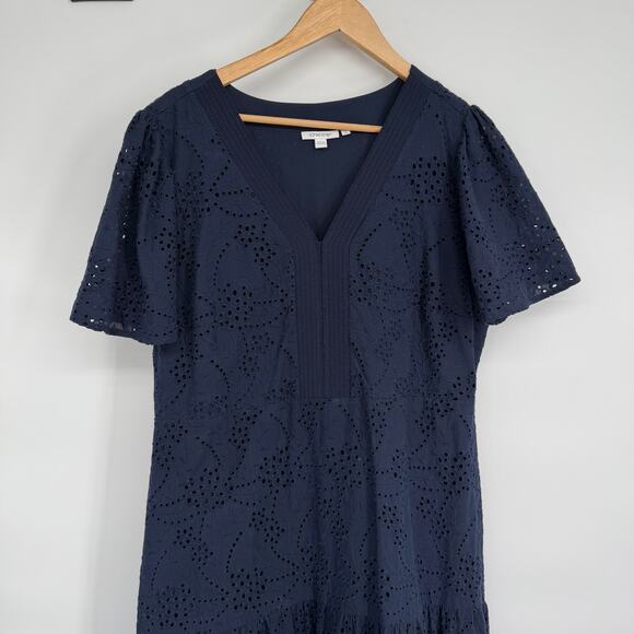 Chico’s Dress Women 16 Navy Eyelet Lace Tiered Feminine Romantic Coastal Grandma - Picture 5 of 9